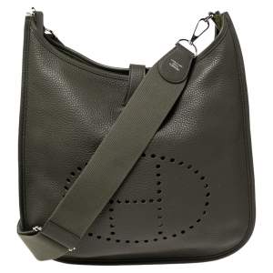 Pre Owned Hermes Vert Olive Togo Leather Palladium Plated Evelyne III GM Bag