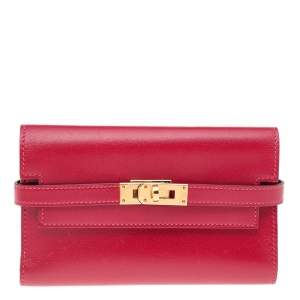 Hermes Rouge Vif Tadelakt Leather Kelly Depliant Medium Wallet