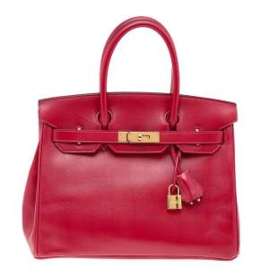 Hermes Rouge Vif Tadelakt Leather Gold Finished Birkin 30 Bag
