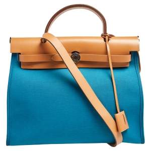 Hermes Bleu Izmir/Natural Canvas And Leather Herbag Zip 31 Bag