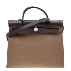 Pre Owned Hermes Etoupe/Ebene Canvas and Leather Herbag Zip 31 Bag