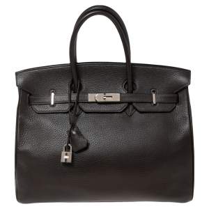Hermes Chocolate Clemence Leather Palladium Plated Birkin 35 Bag