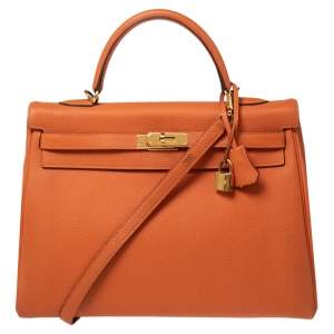 Hermes Orange Togo Leather Gold Plated Kelly Retourne 35 Bag