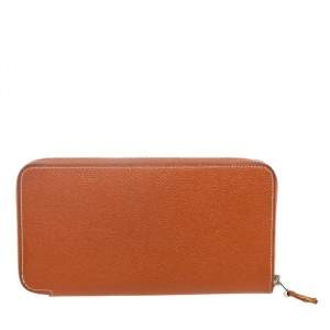 Pre Owned Hermes Gold Epsom Leather Silk'in Zip Around Wallet