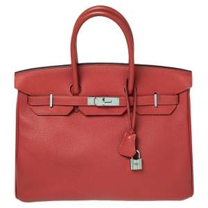 Hermes Rouge Piment Togo Leather Palladium Plated Birkin 35 Bag