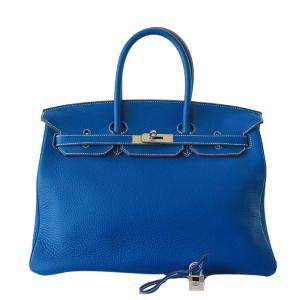 Hermes Blue Leather Palladium Hardware Birkin 35 Bag 