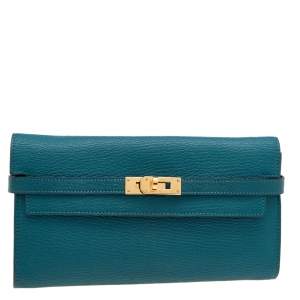 Hermes Vert Bosphore Chevre Mysore Leather Kelly Classic Wallet