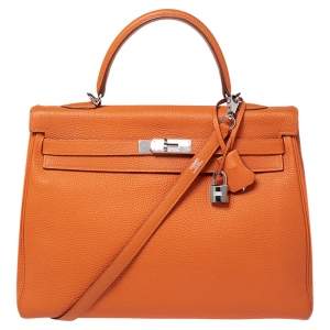 Hermes Orange Togo Leather Palladium Hardware Kelly Retourne 35 Bag