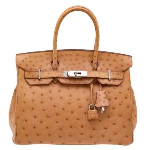 Hermes Tabac Camel Ostrich Palladium Plated Birkin 30 Bag