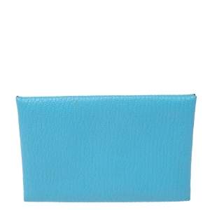 Pre Owned Hermes Celeste/Kraft Chevre Mysore Leather Calvi Verso Card Holder