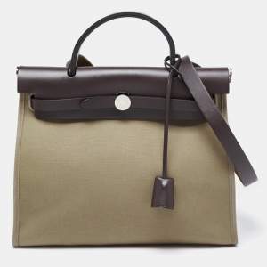 مملوكة مسبقًا Hermès Ebene/Taupe Canvas and Leather Herbag Zip 39 Bag