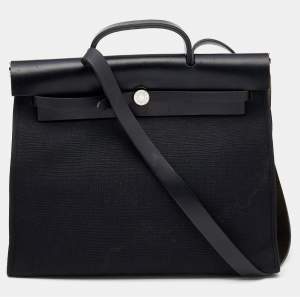 Pre Owned Hermes Noir Toil And Vache Hunter Leather Herbag Zip 39 Bag