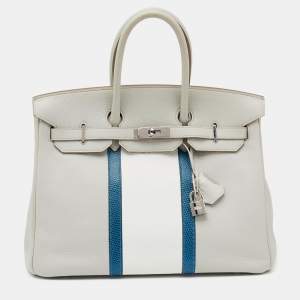 Hermes Gris Perle/Blanc/Mykonos Clemence And Lizard Club Birkin 35 Bag
