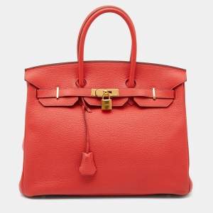 Hermes Rouge Pivoine Clemence Leather Gold Plated Birkin 35 Bag