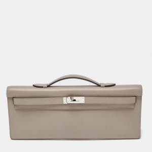 Pre Owned Hermes Gris Asphalt Swift Leather Kelly Cut Clutch