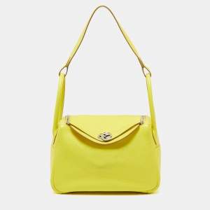 Pre Owned Hermes Lime Taurillon Clemence Leather Palladium Plated Lindy 26 Bag