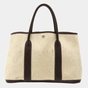 Pre Owned Hermes Garden PM Tote Bag Handbag Toile Ash Buffle Leather Beige Dark Brown