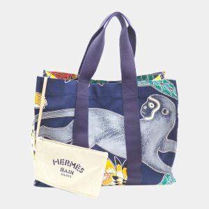 Pre Owned Hermes Beach Bag Navy Multicolor Blue Cotton Canvas Hermes Savannah Dance Hand Tote Women's Men's Monkey
