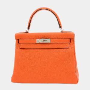 مملوكة مسبقًا Hermes Kelly 28 Inner Stitch Taurillon Fu Orange R Engraved Handbag