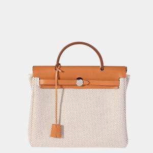 Pre Owned Hermes Ecru Toile & Natural Vache Hunter 2-In-1 Herbag PM PHW