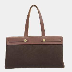 Pre Owned Hermes Bag Ladies Tote Ale Kabas MM Toile Officier Brown Leather F Engraved