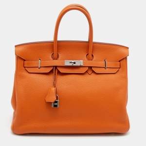 Pre Owned Hermes Potiron Taurillon Clemence Leather Palladium Finish Birkin 35 Bag