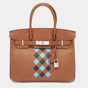 Hermes Gold/Bleu du Nord/ Bleu Indigo Epsom and Swift Leather Palladium Finish Birkin Tressage De Cuir 30 Bag