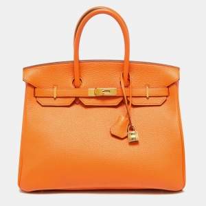 Pre Owned Hermes Orange Togo Leather Gold Finish Birkin 35 Bag