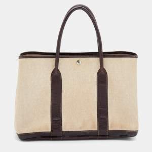 Pre Owned Hermes Beige/Brown Toile And Negonda Leather Garden Party 36 Bag