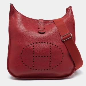 Pre Owned Hermes Rouge Garance Togo Leather Evelyne III TGM Bag