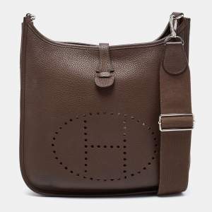 Pre Owned Hermes Chocolat Clemence Leather Evelyne III PM Bag