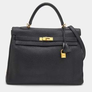 Hermes Black Fjord Leather Gold Finished Kelly Retourne 35 Bag