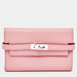 Pre Owned Hermes Rose Confetti Chevre Mysore Leather Kelly Depliant Medium Wallet