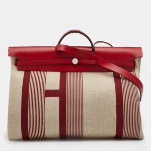 Pre Owned Hermes Beige/Red H Vibration Canvas and Leather Herbag Zip 50 Bag
