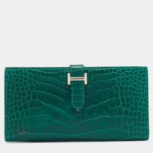 Hermes Vert Emeraude Shiny Alligator Leather Bearn Wallet