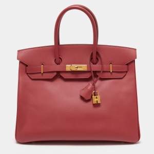 Hermes Rouge Pivoine Epsom Leather Gold Plated Birkin 35 Bag
