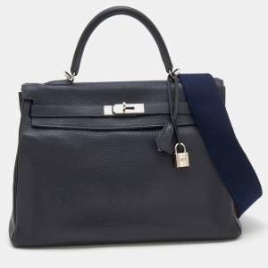 Hermes Bleu Obscur Taurillon Clemence Leather Gold Finish Kelly Retourne 35 Bag
