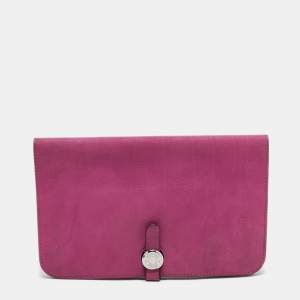 Pre Owned Hermes Rose Tyrien Velvet Leather Dogon Duo Wallet