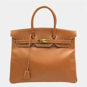 Pre Owned Hermes Brown Courchevel Leather Gold Hardware Birkin 35 Bag 