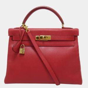 Hermes Red Courchevel Leather Gold Hardware Kelly Retourne 32 Bag 