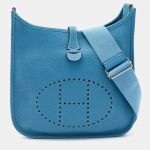 Pre Owned Hermes Bleu Jean Togo Leather Evelyne III PM Bag