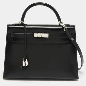 Hermes Black Box Leather Palladium Finish Kelly Sellier 32 Bag