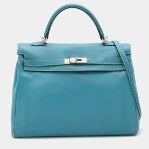Hermes Bleu Jean Swift Leather Palladium Finish Kelly 35 Bag