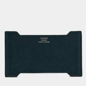 Pre Owned Hermes Bleu Nuit/Vert Cypres Epsom Leather Manhattan Card Holder 