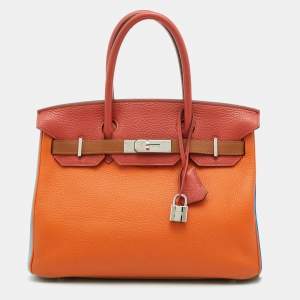 Hermes Orange/Etain/Sanguine Clemence Leather Palladium Finish Birkin 30 Bag