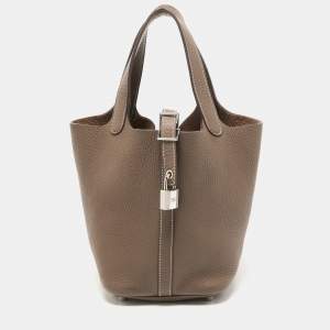 Hermes Etoupe Taurillon Clemence Leather Picotin Lock 18 Bag