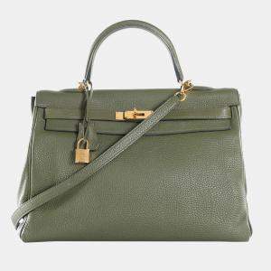 Hermes Olive Green Clemence Leather Gold Hardware Kelly Retourne 35 Bag 