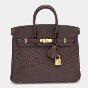 Hermes Chocolat Epsom Leather Gold Finish Birkin 25 Bag