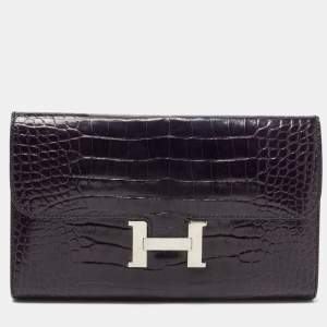 Hermes Aubergine Crocodile Palladium Finish Constance Long Wallet