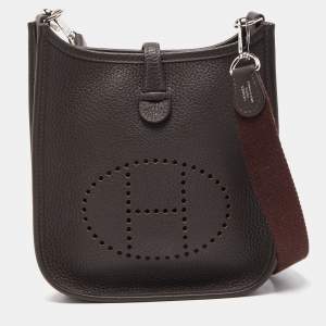 Hermes Chocolat Taurillion Clemence Leather Evelyne TPM Bag